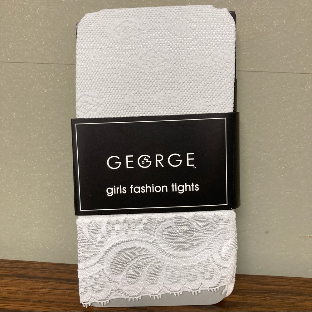 $1 NWT George Girls Fashion Tights White Lace w/Lace Cuff Capri 4-6